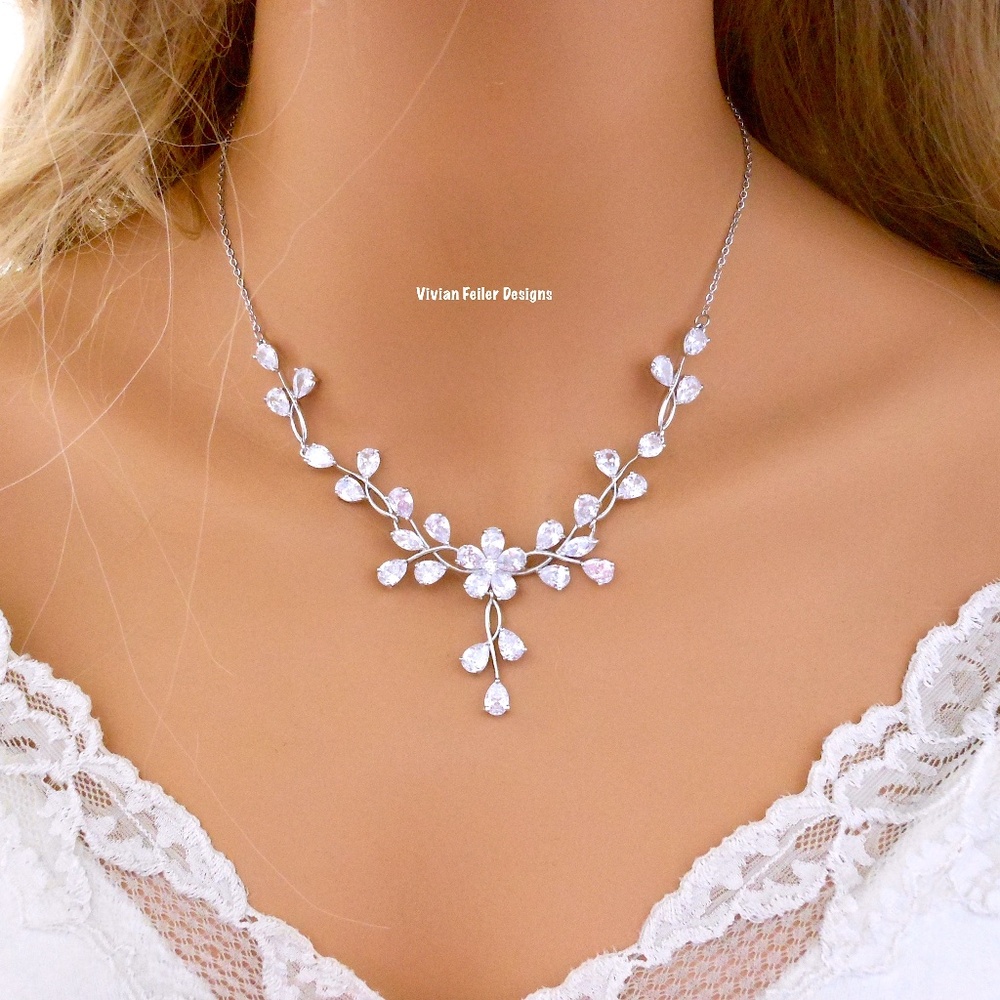 Bridal Necklace and Earrings Set Floral Jewelry Wedding CZ Leaf Prom Bridesmaid